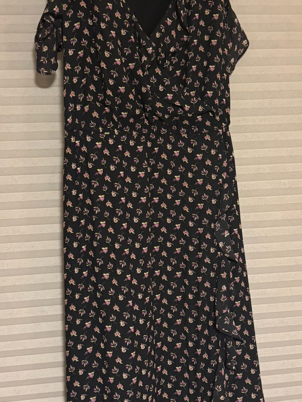 LOFT Black Wrap-Style Midi Dress with Pink Floral Print